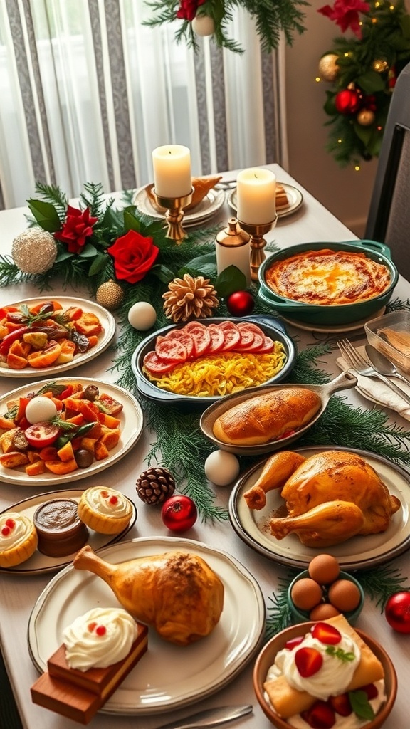 An Italian Christmas dinner table with antipasto, lasagna, roasted chicken, and tiramisu.
